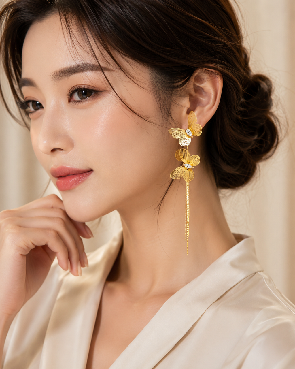 Perfect for Every FASSSIONS Korean Gold Butterfly Drop Earrings for Women | Double Butterfly Tassel Dangle Earrings with Crystal Stone | Lightweight Statement Party Earrings