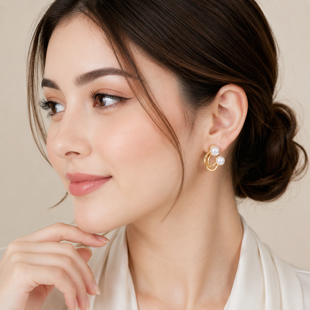 FASSION Korean Double Pearl Gold-Plated Earrings for Women | Elegant Luxury Pearl Stud Earrings | Trendy Korean Fashion Jewelry for