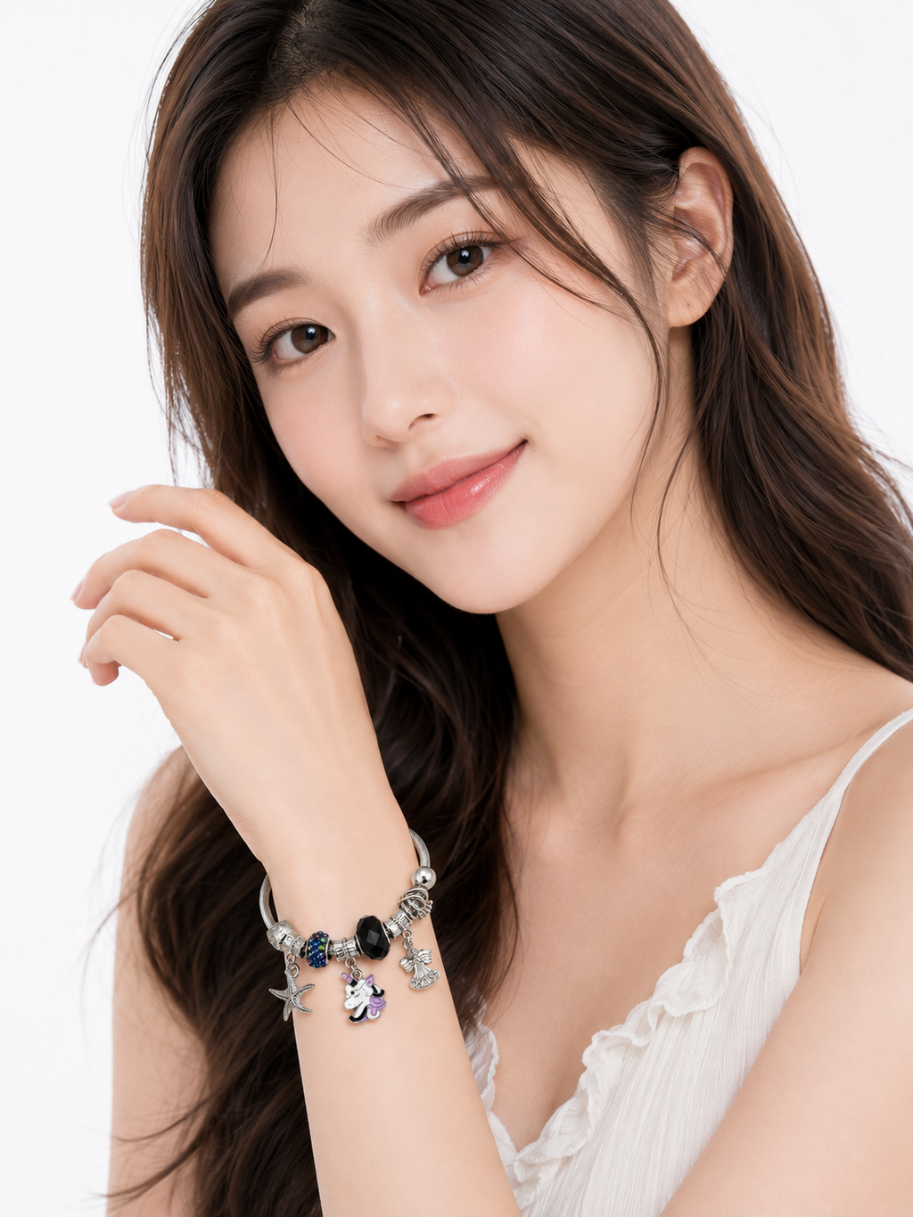Charm Bracelet for Women – Silver Plated Adjustable Bracelet with Unicorn, Angel & Starfish Charms | Crystal Bead Fashion Bracelet | Fashion Jewelry Gift for Girls & Women