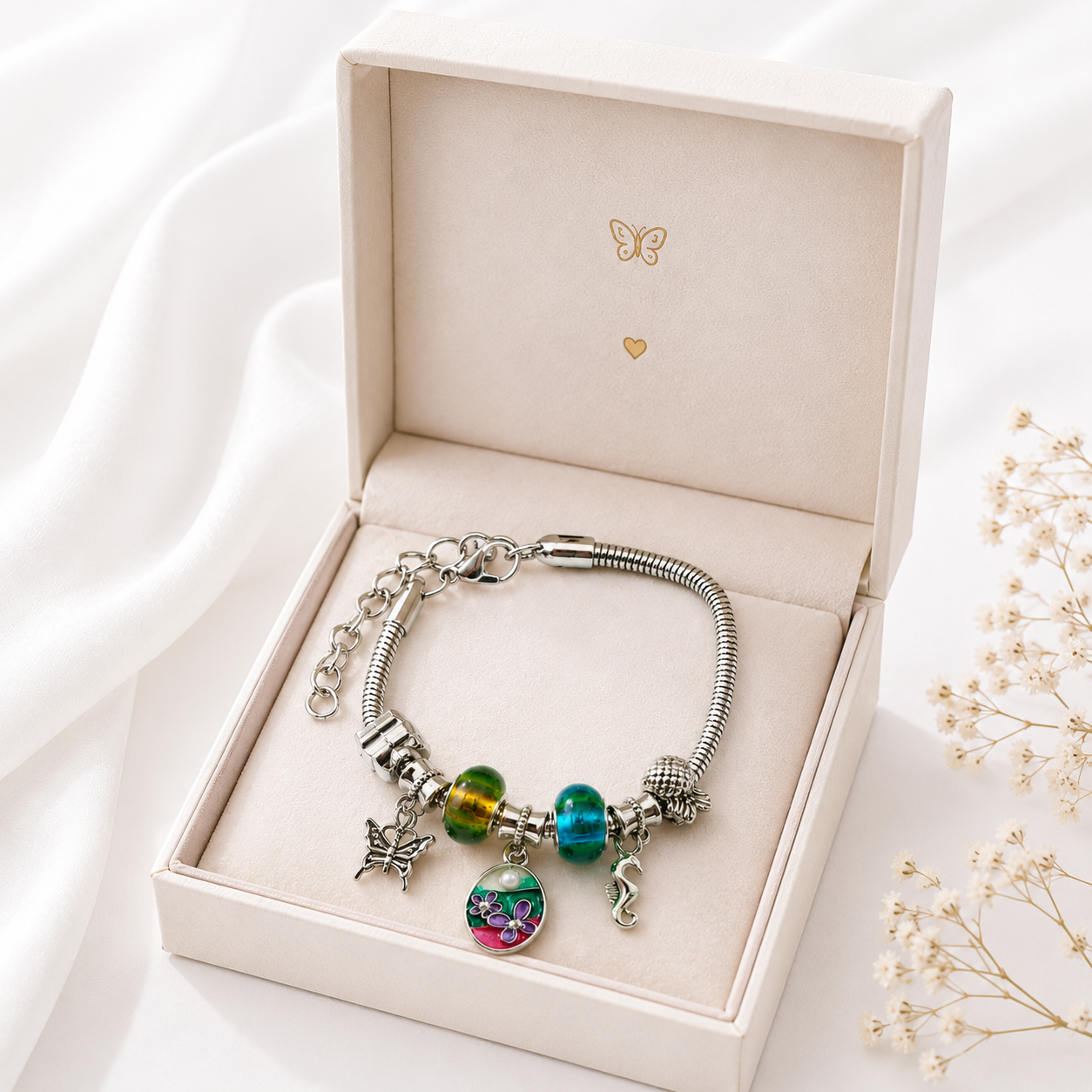 Charm Bracelet for Women – Silver Plated Adjustable Bracelet with Butterfly, Floral Pendant, Seahorse & Crystal Glass Beads Fashion Jewelry Gift for Girls & Women