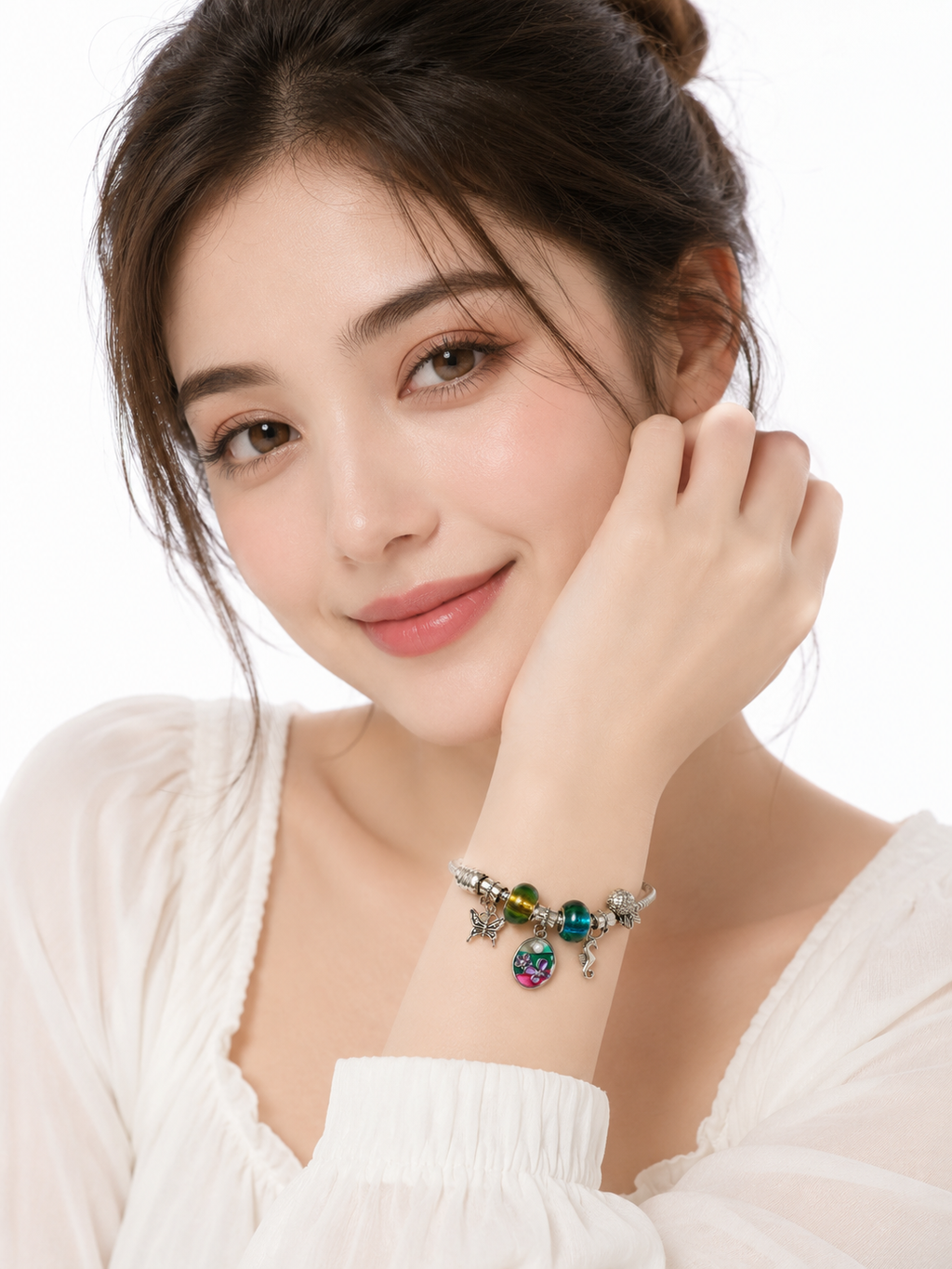 Charm Bracelet for Women – Silver Plated Adjustable Bracelet with Butterfly, Floral Pendant, Seahorse & Crystal Glass Beads Fashion Jewelry Gift for Girls & Women