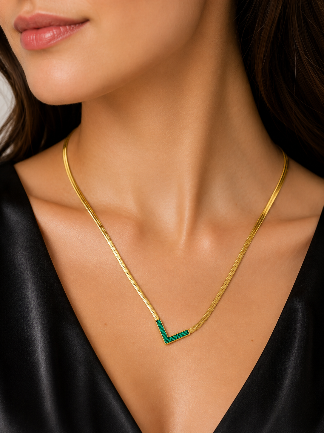 FASSSSION Gold-Plated V Shape Snake Chain Necklace for Women | Premium Green Enamel Geometric Pendant