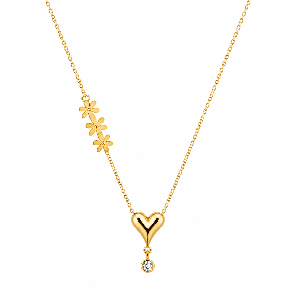 FASSSIONS Women’s Gold Tone Heart Pendant Necklace | Floral Charm Delicate Chain with Crystal Drop | Elegant Fashion Jewelry for Women & Girls