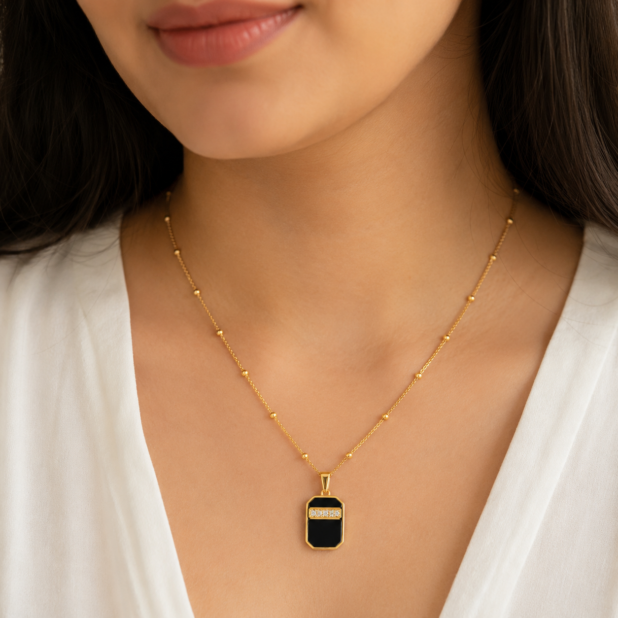 FASSSIONS Women’s Gold Tone Black Pendant Necklace | Geometric Rectangle Black Stone Chain with Crystal Detail