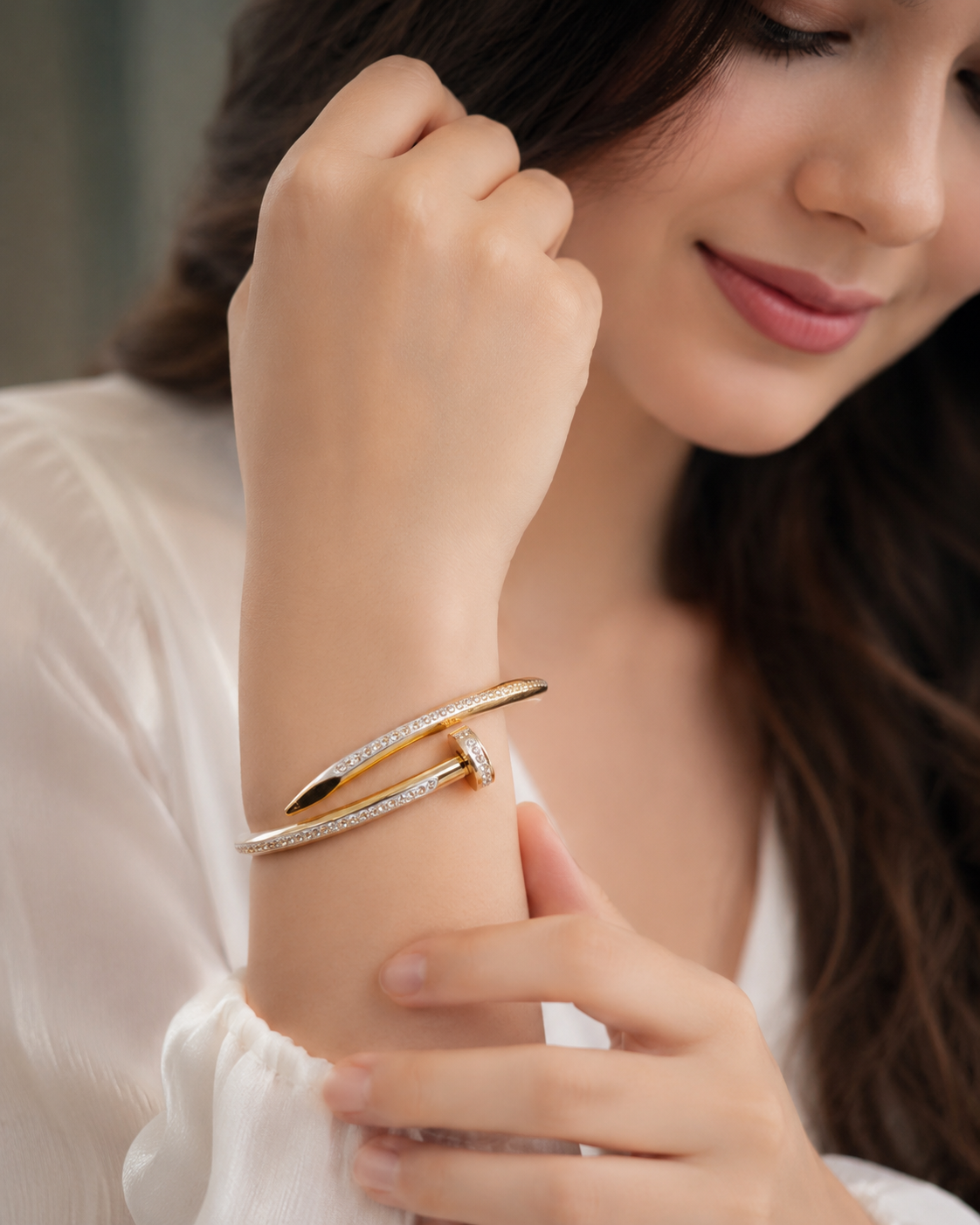 Elegant Gold-Plated Crystal Nail Cuff Bracelet for Women | Open Adjustable Bangle | Luxury Zircon Fashion Bracelet
