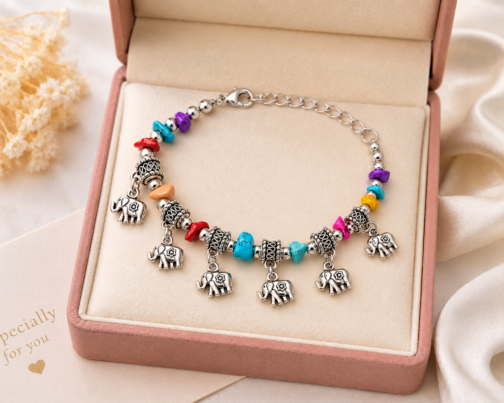 Boho Elephant Charm Bracelet for Women | Multicolor Stone Beads & Silver-Plated Adjustable Chain Bracelet | Fashion Jewelry Gift for Girls & Women
