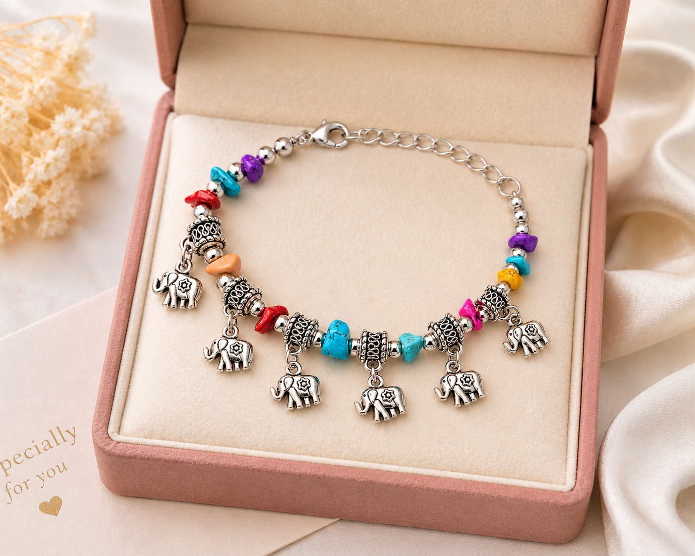 Boho Elephant Charm Bracelet for Women | Multicolor Stone Beads & Silver-Plated Adjustable Chain Bracelet | Fashion Jewelry Gift for Girls & Women