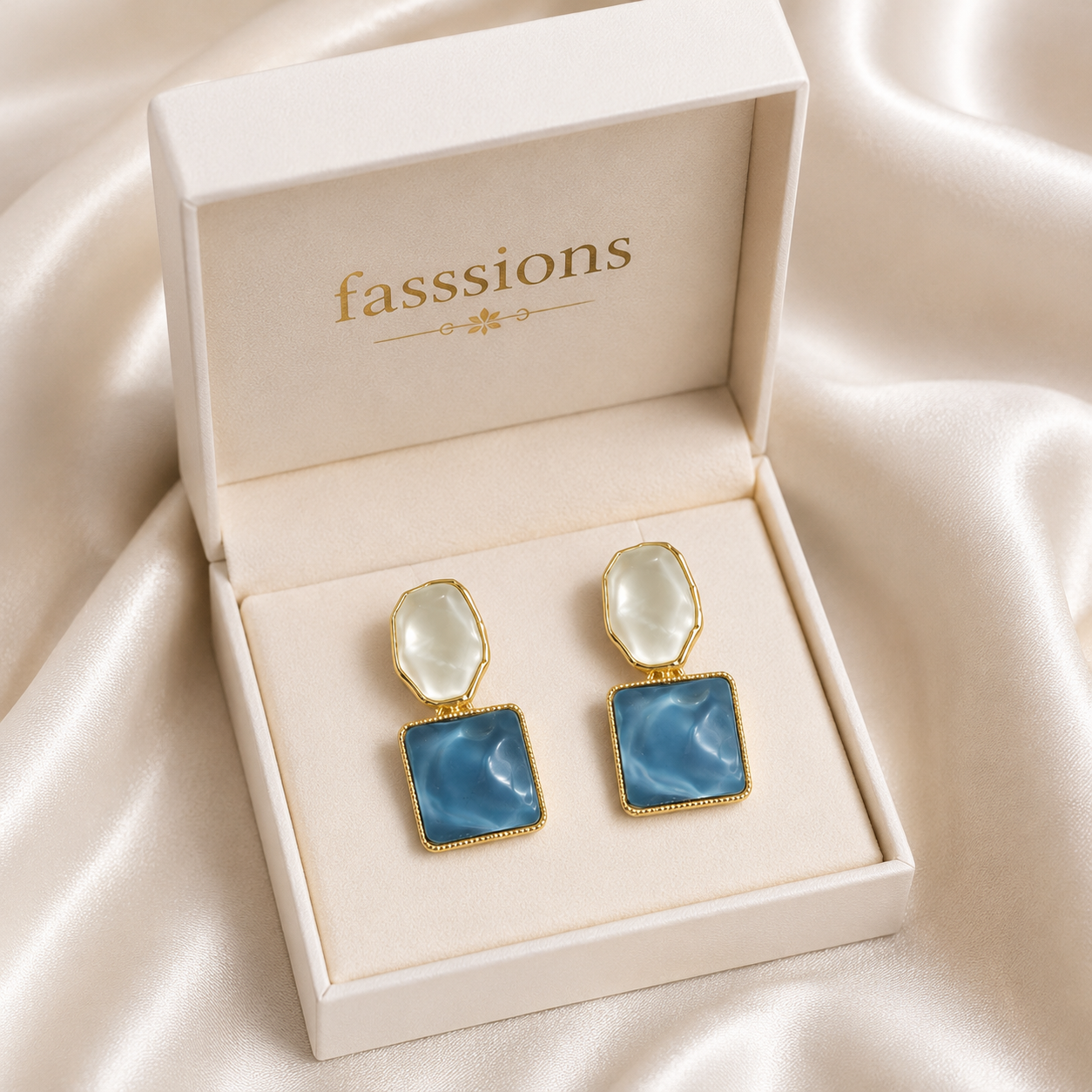 FASSSIONS Korean Blue & White Geometric Drop Earrings for Women | Gold Plated Statement Earrings | Lightweight Fashion Jewelry
