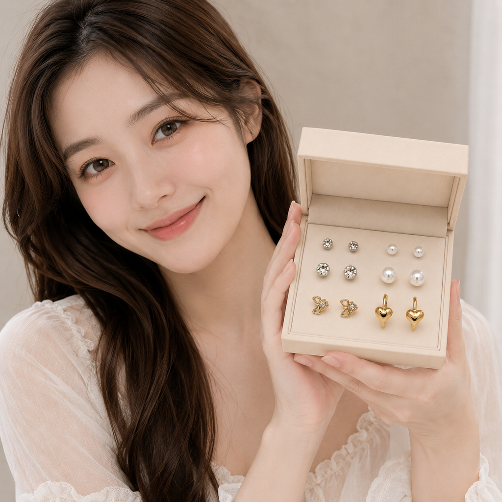 Earring Combo Set 6 for Women & Girls | Crystal Studs, Pearl Earrings, Bow Crystal Studs & Gold Heart Hoop Earrings | Fashion Jewelry for Girls & Women