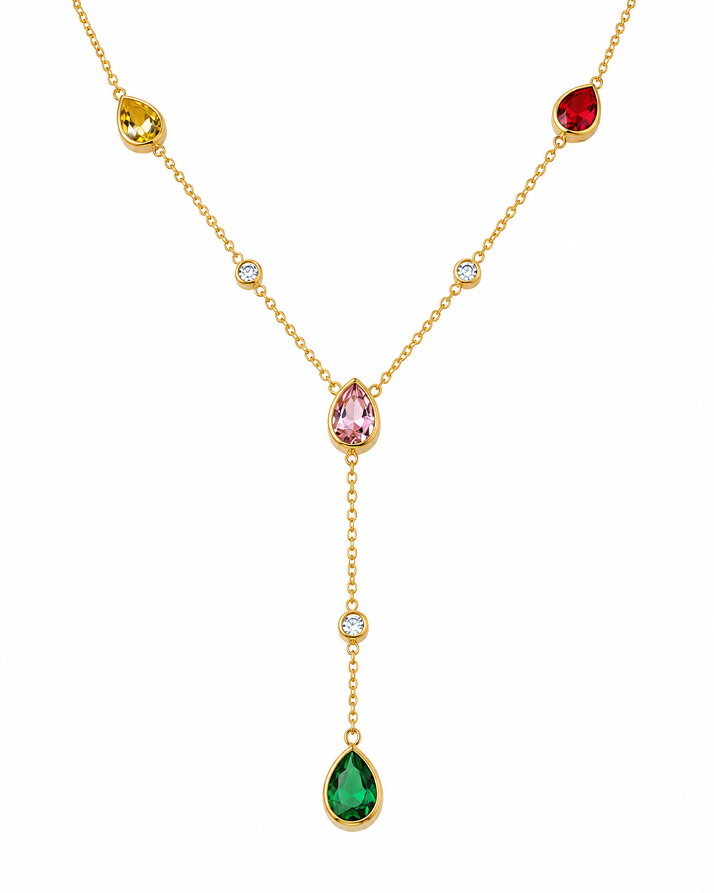 Women’s Gold Tone Multicolor Gemstone Y Necklace | Y Shaped Lariat Pendant Chain with Pink, Red, Green & Yellow Stones