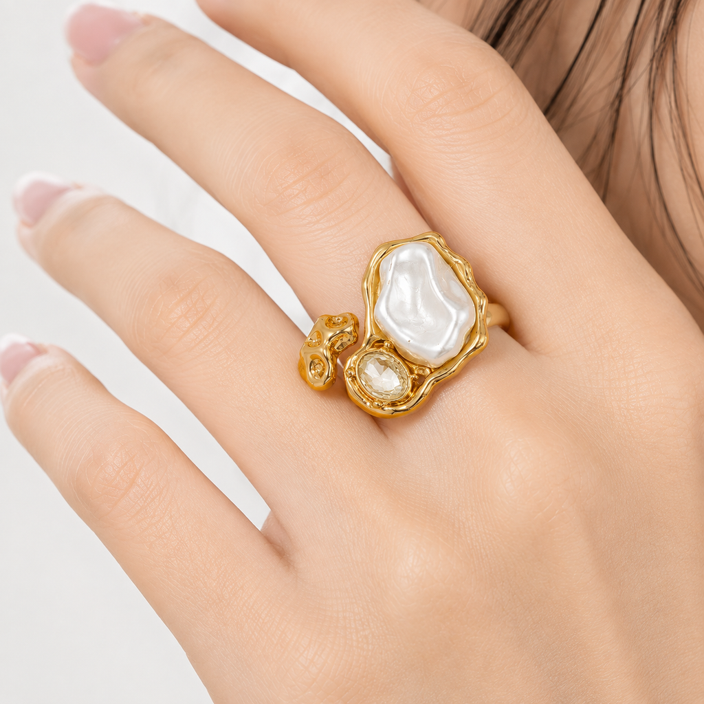 Adjustable Pearl Ring for Women | Gold-Tone Statement Ring with Pearl & Crystal | Elegant Open Finger Ring for Women