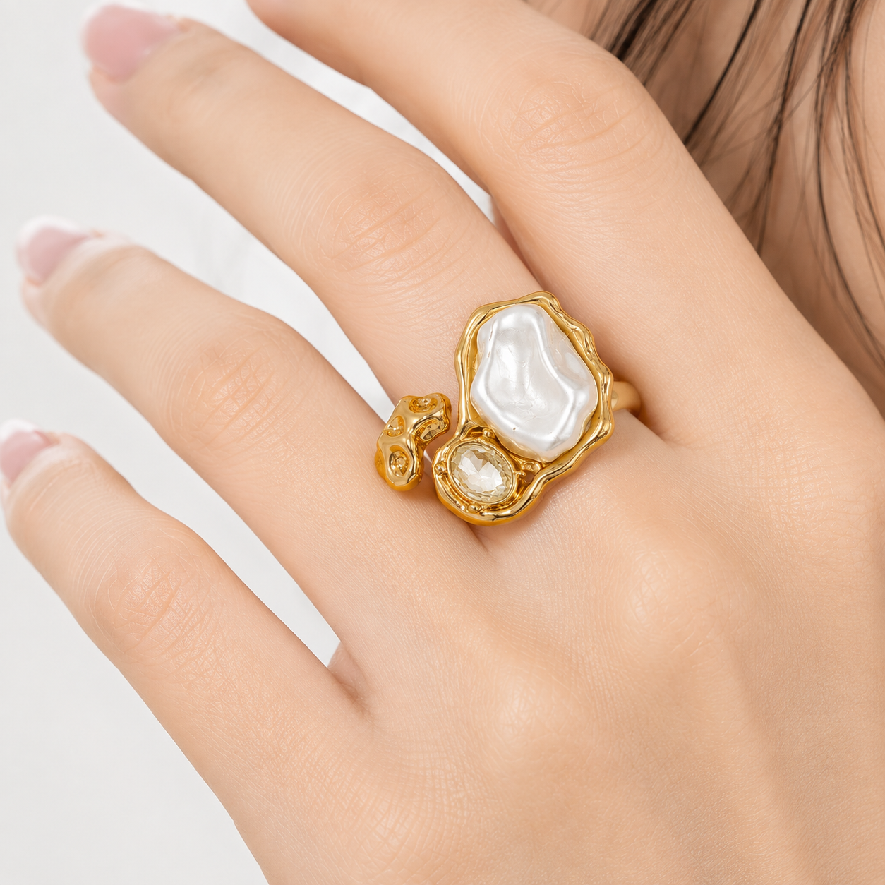 Adjustable Pearl Ring for Women | Gold-Tone Statement Ring with Pearl & Crystal | Elegant Open Finger Ring for Women