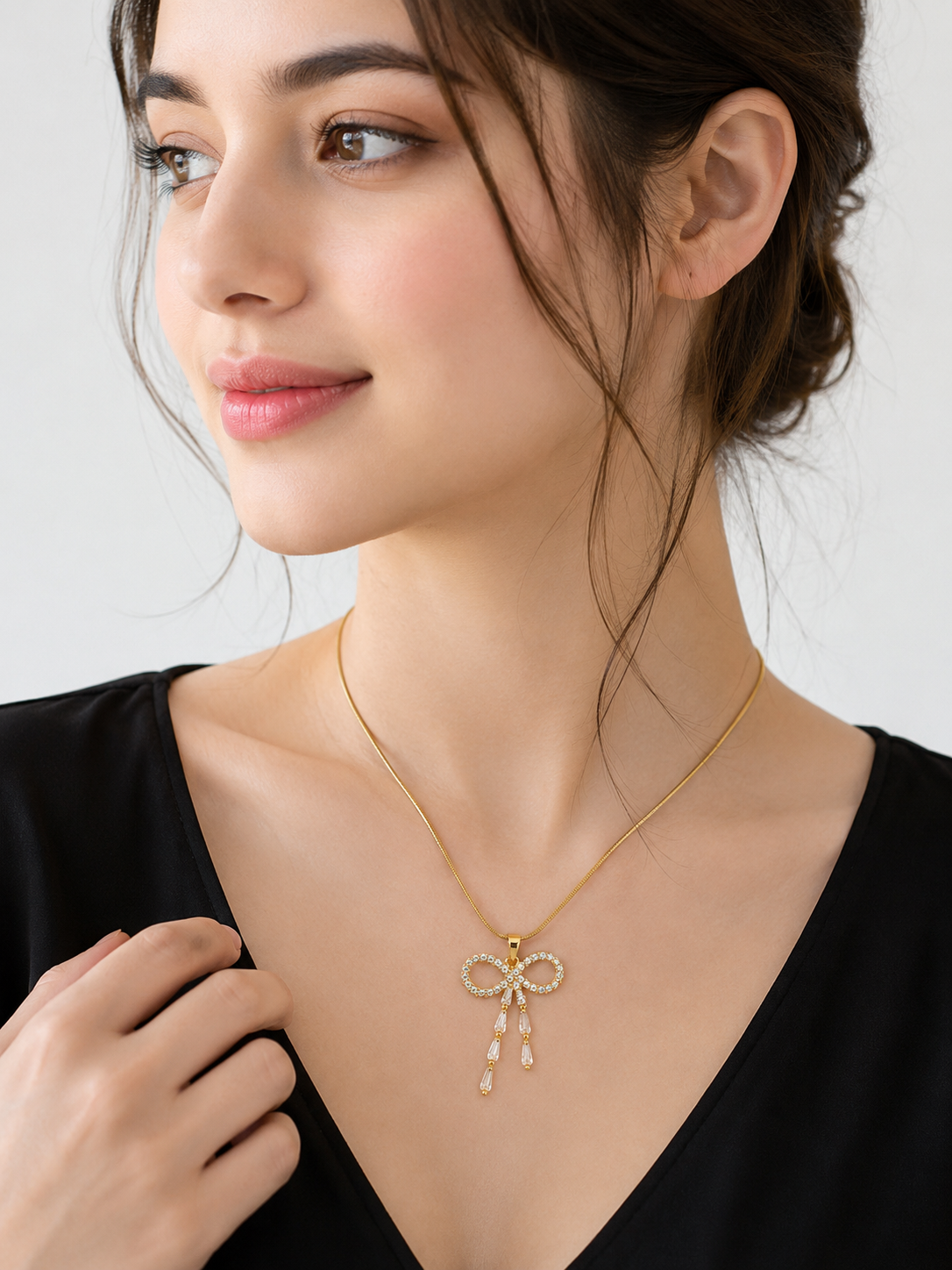 FASSSSION Gold-Plated Bow Pendant Necklace for Women | Premium Crystal Bow Design Pendant with Elegant Chain | Lightweight Fashion Jewelry for Daily Wear, Party & Gift