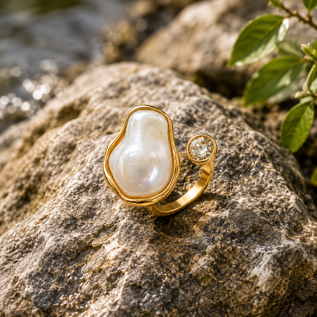 Gold Plated Open Adjustable Ring for Women | Irregular Baroque Pearl & Cubic Zirconia Statement Ring