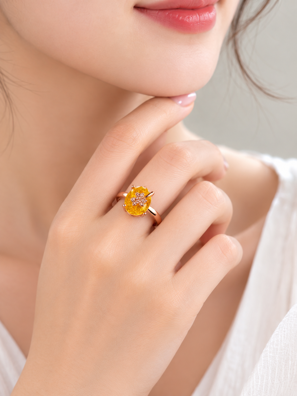 Yelllow Crystal Ring for Women | Adjustable Oval White Stone Ring with Sparkling Zircon Design | Elegant Fashion Finger Ring