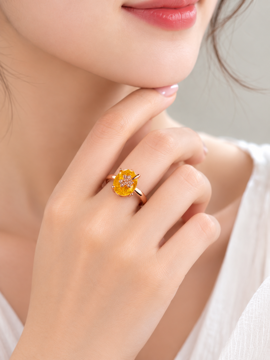 Yelllow Crystal Ring for Women | Adjustable Oval White Stone Ring with Sparkling Zircon Design | Elegant Fashion Finger Ring