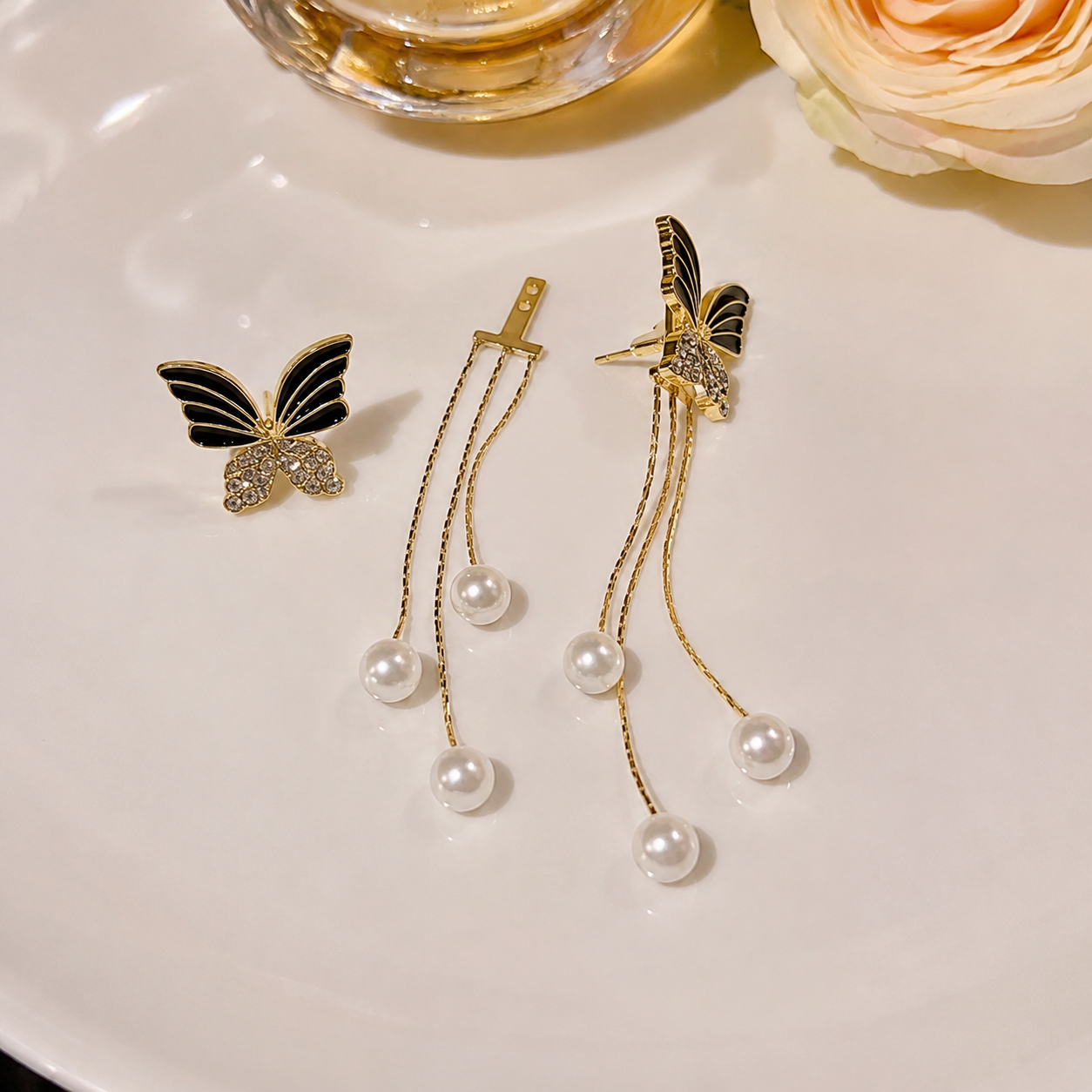 FASSSIONS Butterfly Pearl Tassel Earrings for Women | Korean Style Black Enamel & Rhinestone Butterfly Long Drop Earrings | Gold Plated Fashion Statement Jewelry for Party, Wedding & Festive Wear