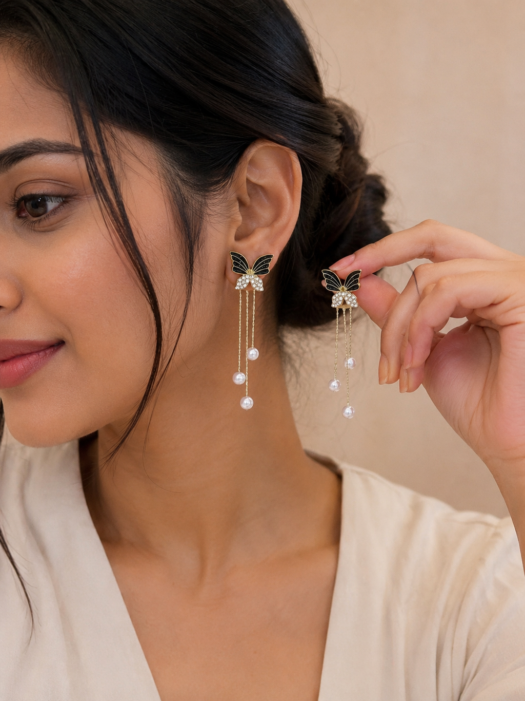 FASSSIONS Butterfly Pearl Tassel Earrings for Women | Korean Style Black Enamel & Rhinestone Butterfly Long Drop Earrings | Gold Plated Fashion Statement Jewelry for Party, Wedding & Festive Wear