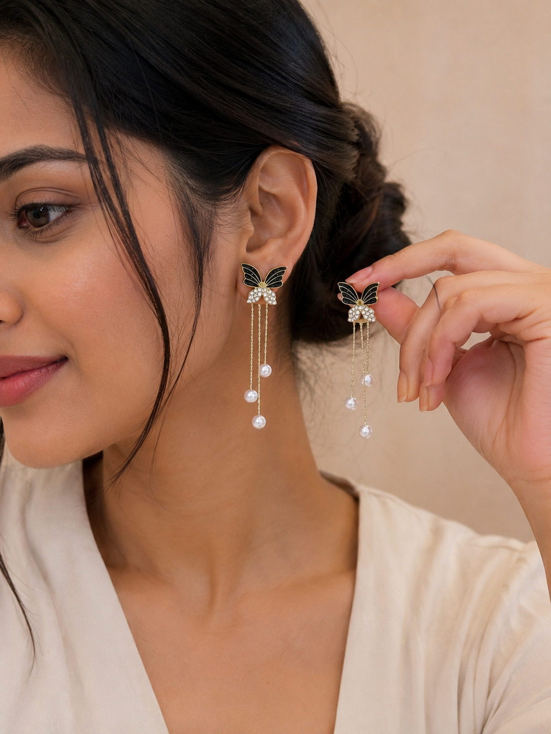 FASSSIONS Butterfly Pearl Tassel Earrings for Women | Korean Style Black Enamel & Rhinestone Butterfly Long Drop Earrings | Gold Plated Fashion Statement Jewelry for Party, Wedding & Festive Wear