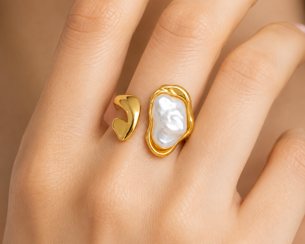 Gold Plated Adjustable Baroque Pearl Ring for Women | Open Cuff Statement Finger Ring | Minimalist Fashion Jewelry | Elegant Cocktail Ring