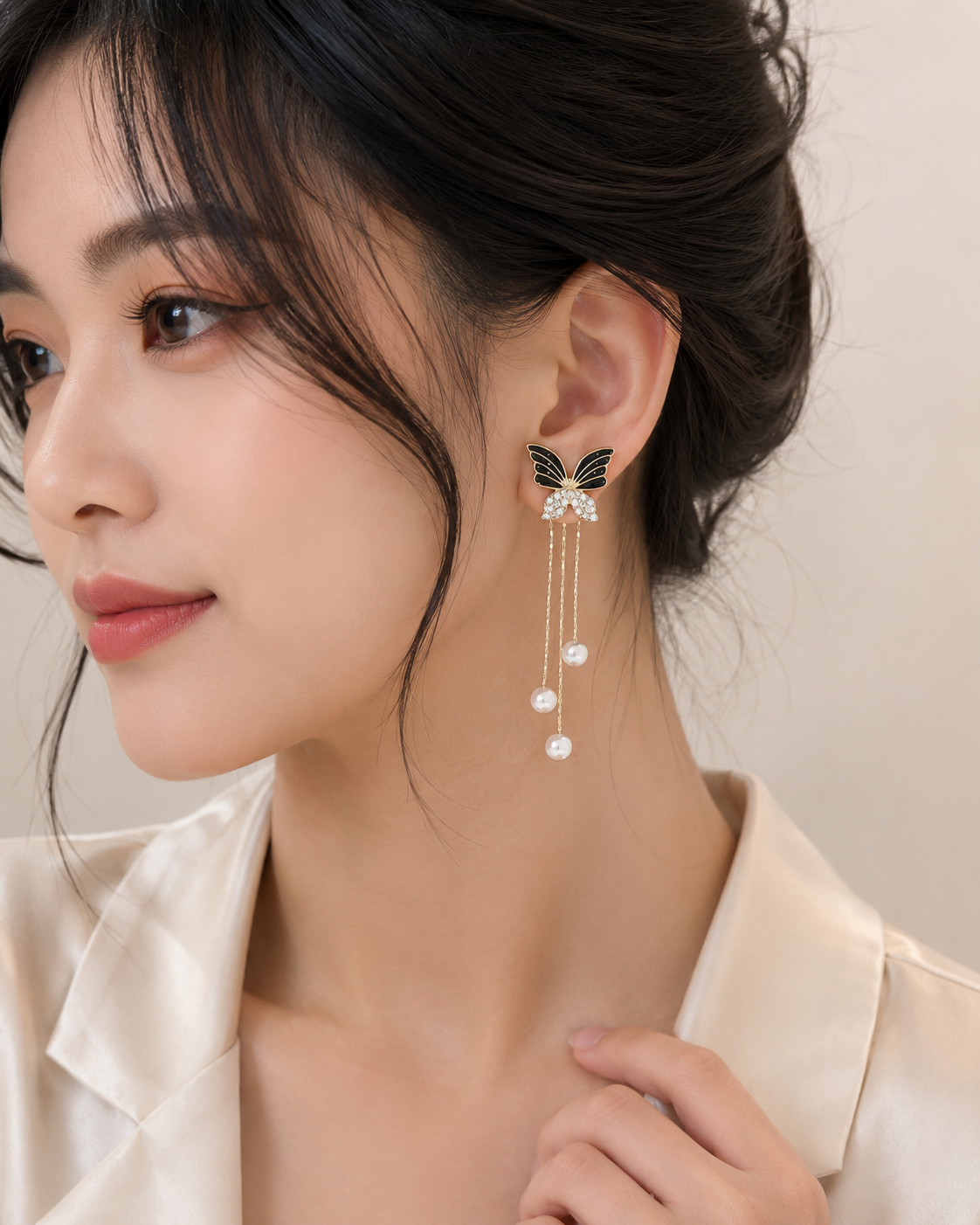 FASSSIONS Butterfly Pearl Tassel Earrings for Women | Korean Style Black Enamel & Rhinestone Butterfly Long Drop Earrings | Gold Plated Fashion Statement Jewelry for Party, Wedding & Festive Wear