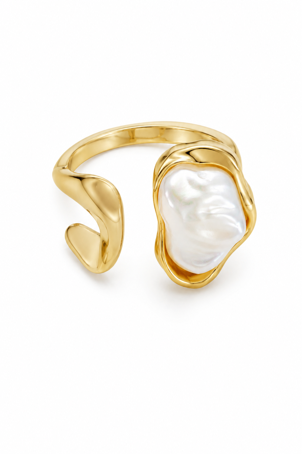 Gold Plated Adjustable Baroque Pearl Ring for Women | Open Cuff Statement Finger Ring | Minimalist Fashion Jewelry | Elegant Cocktail Ring