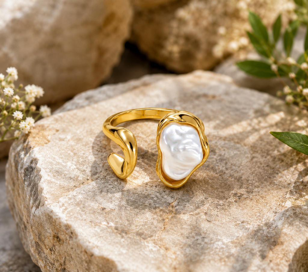 Gold Plated Adjustable Baroque Pearl Ring for Women | Open Cuff Statement Finger Ring | Minimalist Fashion Jewelry | Elegant Cocktail Ring