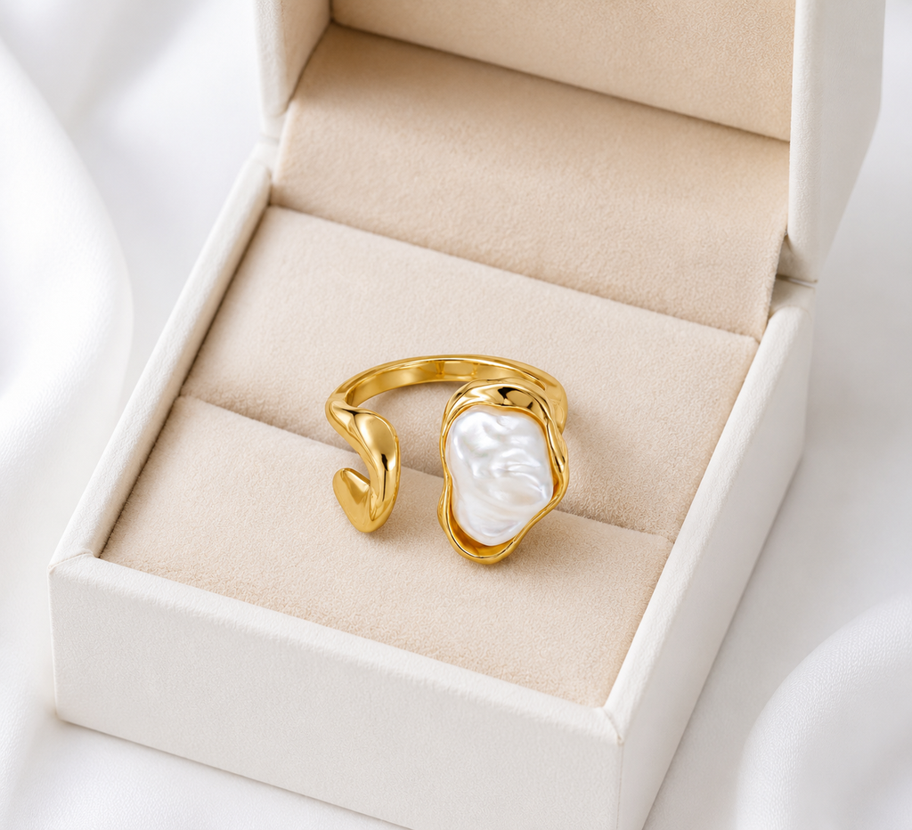 Gold Plated Adjustable Baroque Pearl Ring for Women | Open Cuff Statement Finger Ring | Minimalist Fashion Jewelry | Elegant Cocktail Ring