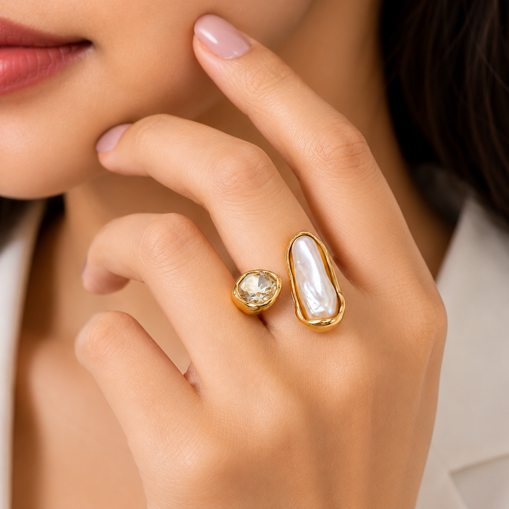 FASSSIONS Gold Plated Adjustable Pearl Ring for Women | Baroque Pearl & Crystal Open Finger Ring | Statement Fashion Jewelry | Adjustable Cocktail Ring for Party, Wedding & Daily Wear