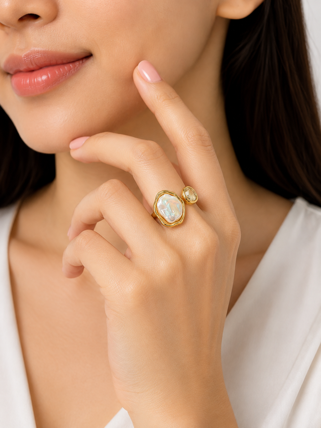 FASSSIONS Gold Plated Adjustable Baroque Pearl Ring for Women | Open Adjustable Finger Ring with Cubic Zirconia | Minimalist Statement Fashion Jewelry