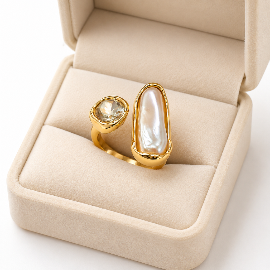 FASSSIONS Gold Plated Adjustable Pearl Ring for Women | Baroque Pearl & Crystal Open Finger Ring | Statement Fashion Jewelry | Adjustable Cocktail Ring for Party, Wedding & Daily Wear