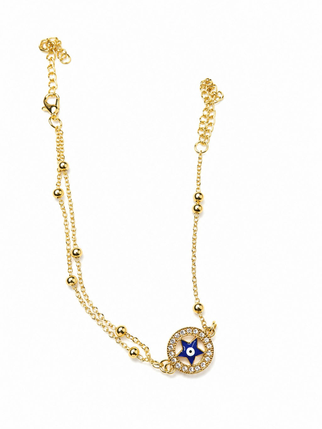 Gold Layered Evil Eye Anklet for Women – Adjustable Double Chain Beaded Anklet with Crystal Charm