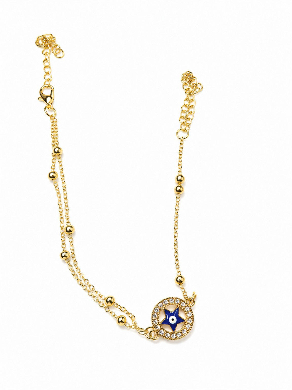 Gold Layered Evil Eye Anklet for Women – Adjustable Double Chain Beaded Anklet with Crystal Charm