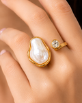 Gold Plated Open Adjustable Ring for Women | Irregular Baroque Pearl & Cubic Zirconia Statement Ring