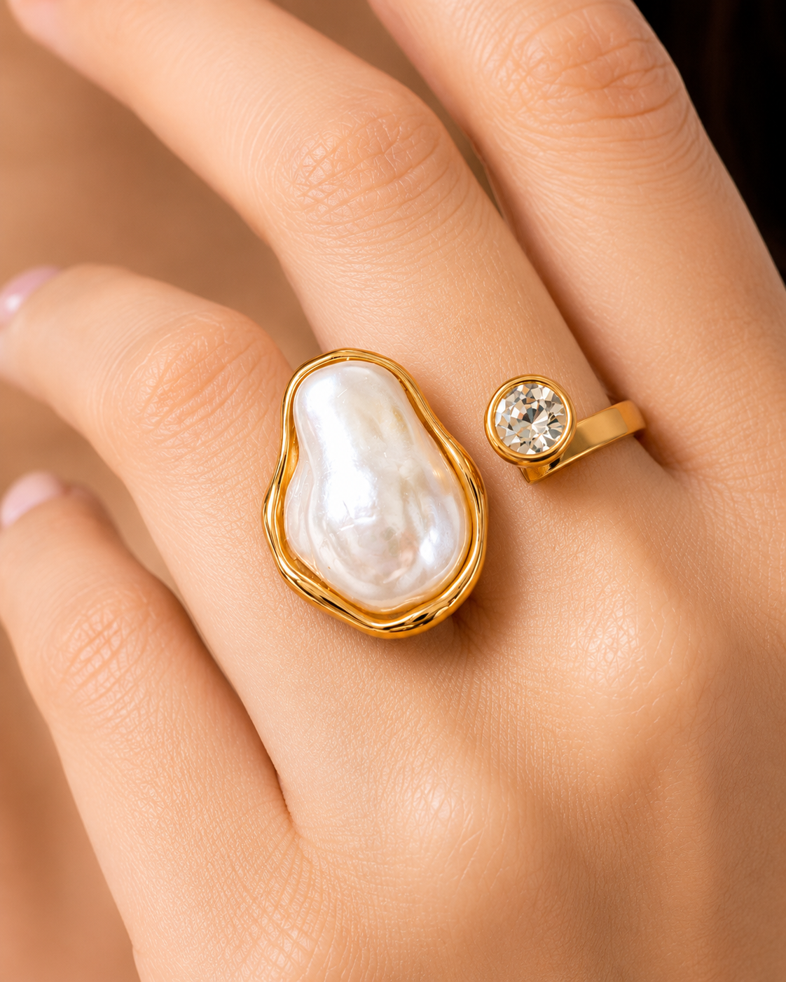 Gold Plated Open Adjustable Ring for Women | Irregular Baroque Pearl & Cubic Zirconia Statement Ring