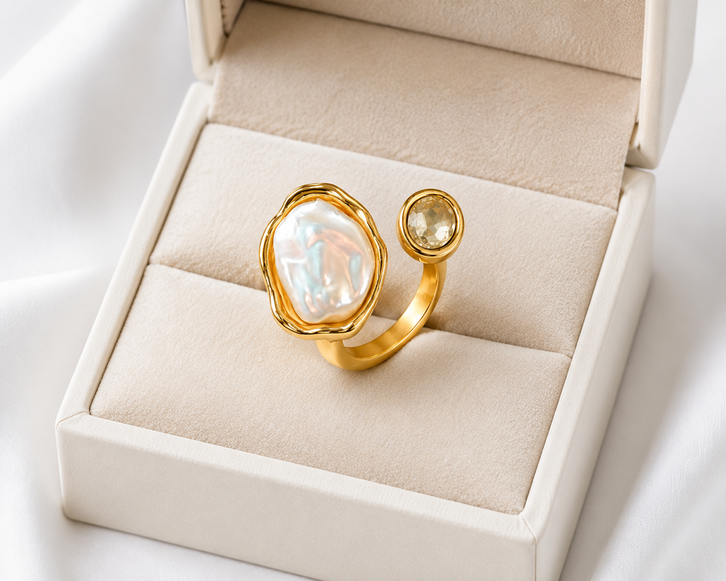 FASSSIONS Gold Plated Adjustable Baroque Pearl Ring for Women | Open Adjustable Finger Ring with Cubic Zirconia | Minimalist Statement Fashion Jewelry