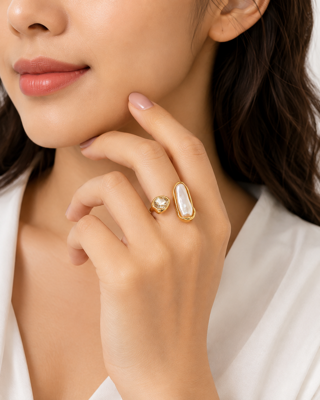 FASSSIONS Gold Plated Adjustable Pearl Ring for Women | Baroque Pearl & Crystal Open Finger Ring | Statement Fashion Jewelry | Adjustable Cocktail Ring for Party, Wedding & Daily Wear