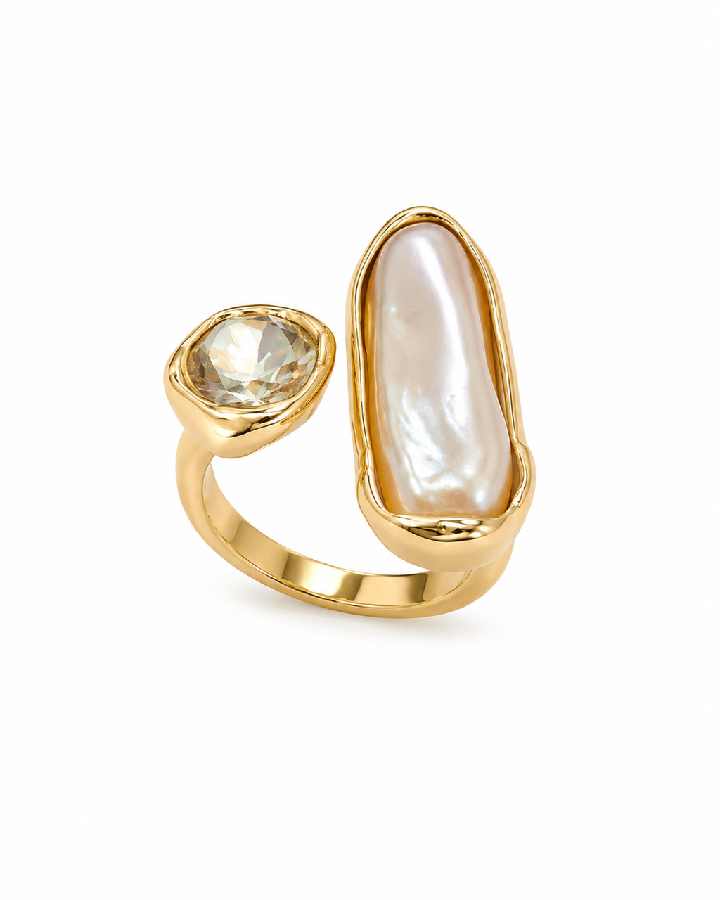 FASSSIONS Gold Plated Adjustable Pearl Ring for Women | Baroque Pearl & Crystal Open Finger Ring | Statement Fashion Jewelry | Adjustable Cocktail Ring for Party, Wedding & Daily Wear