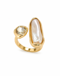 FASSSIONS Gold Plated Adjustable Pearl Ring for Women | Baroque Pearl & Crystal Open Finger Ring | Statement Fashion Jewelry | Adjustable Cocktail Ring for Party, Wedding & Daily Wear
