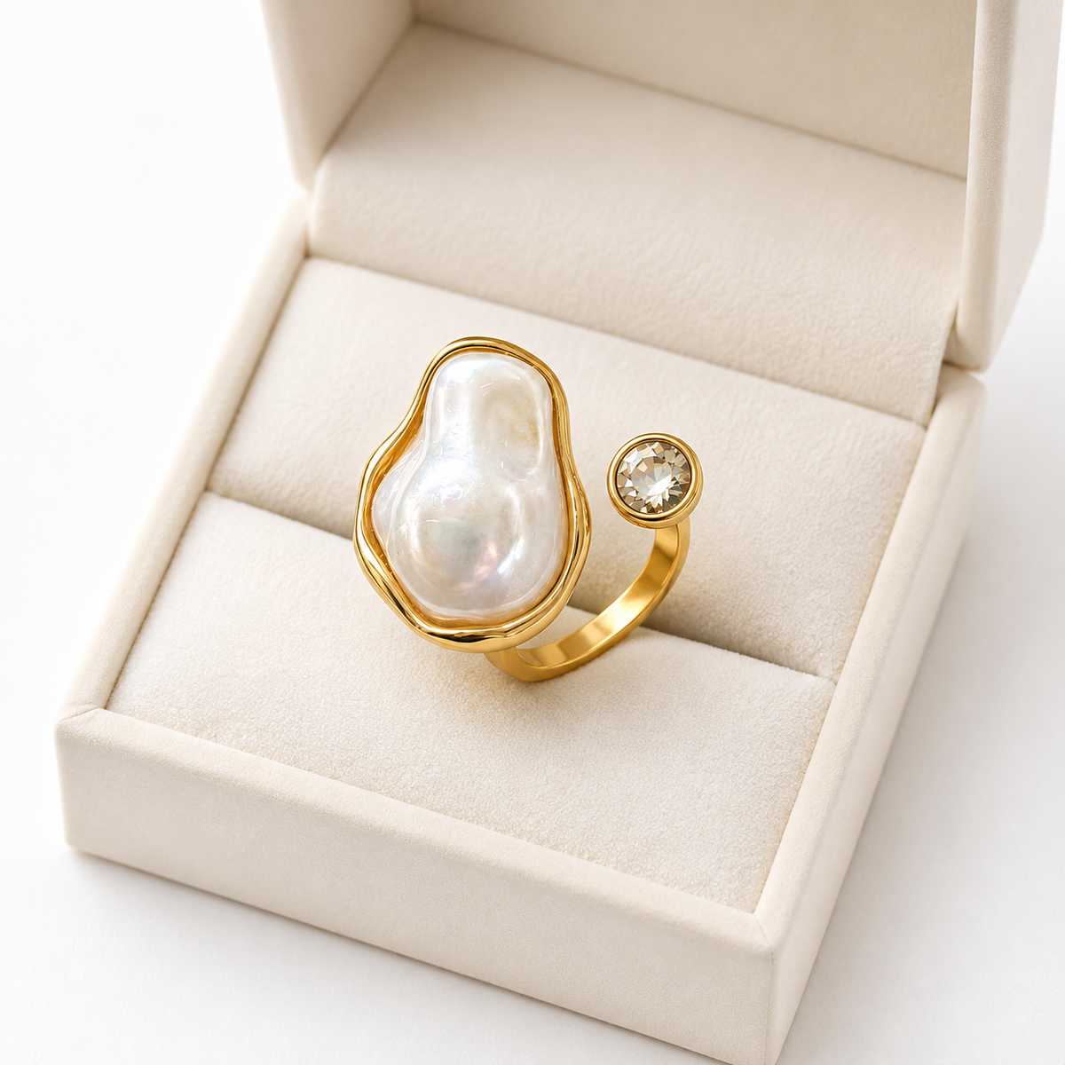 Gold Plated Open Adjustable Ring for Women | Irregular Baroque Pearl & Cubic Zirconia Statement Ring