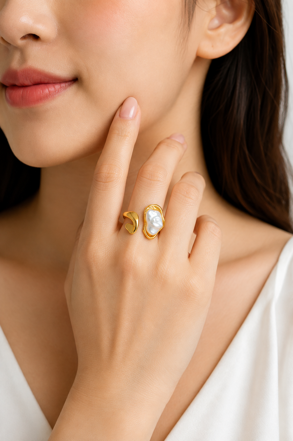 Gold Plated Adjustable Baroque Pearl Ring for Women | Open Cuff Statement Finger Ring | Minimalist Fashion Jewelry | Elegant Cocktail Ring