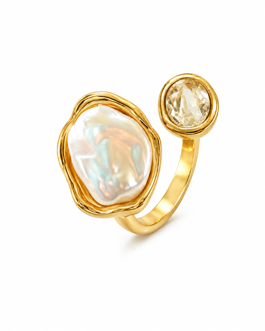 FASSSIONS Gold Plated Adjustable Baroque Pearl Ring for Women | Open Adjustable Finger Ring with Cubic Zirconia | Minimalist Statement Fashion Jewelry