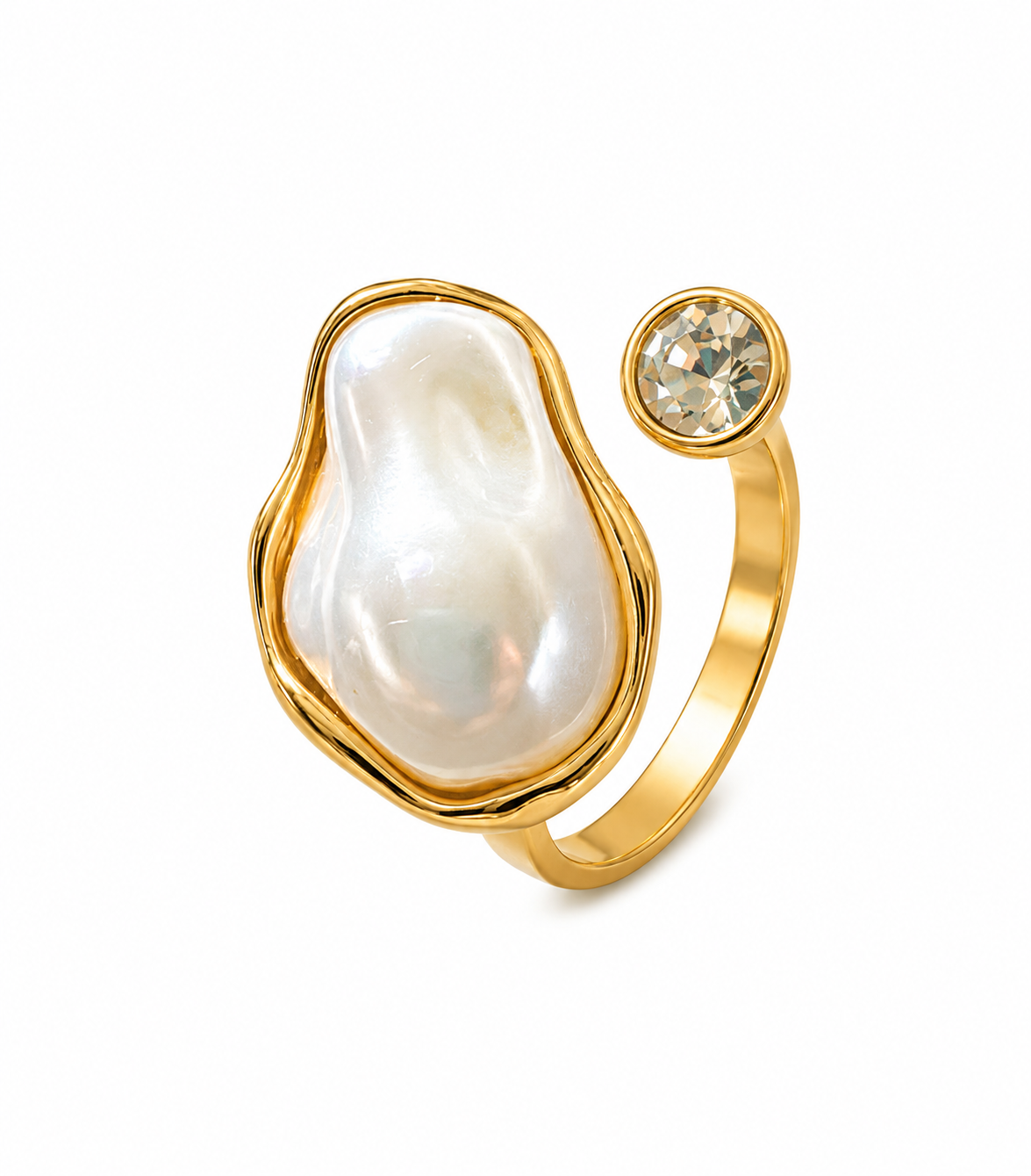 Gold Plated Open Adjustable Ring for Women | Irregular Baroque Pearl & Cubic Zirconia Statement Ring
