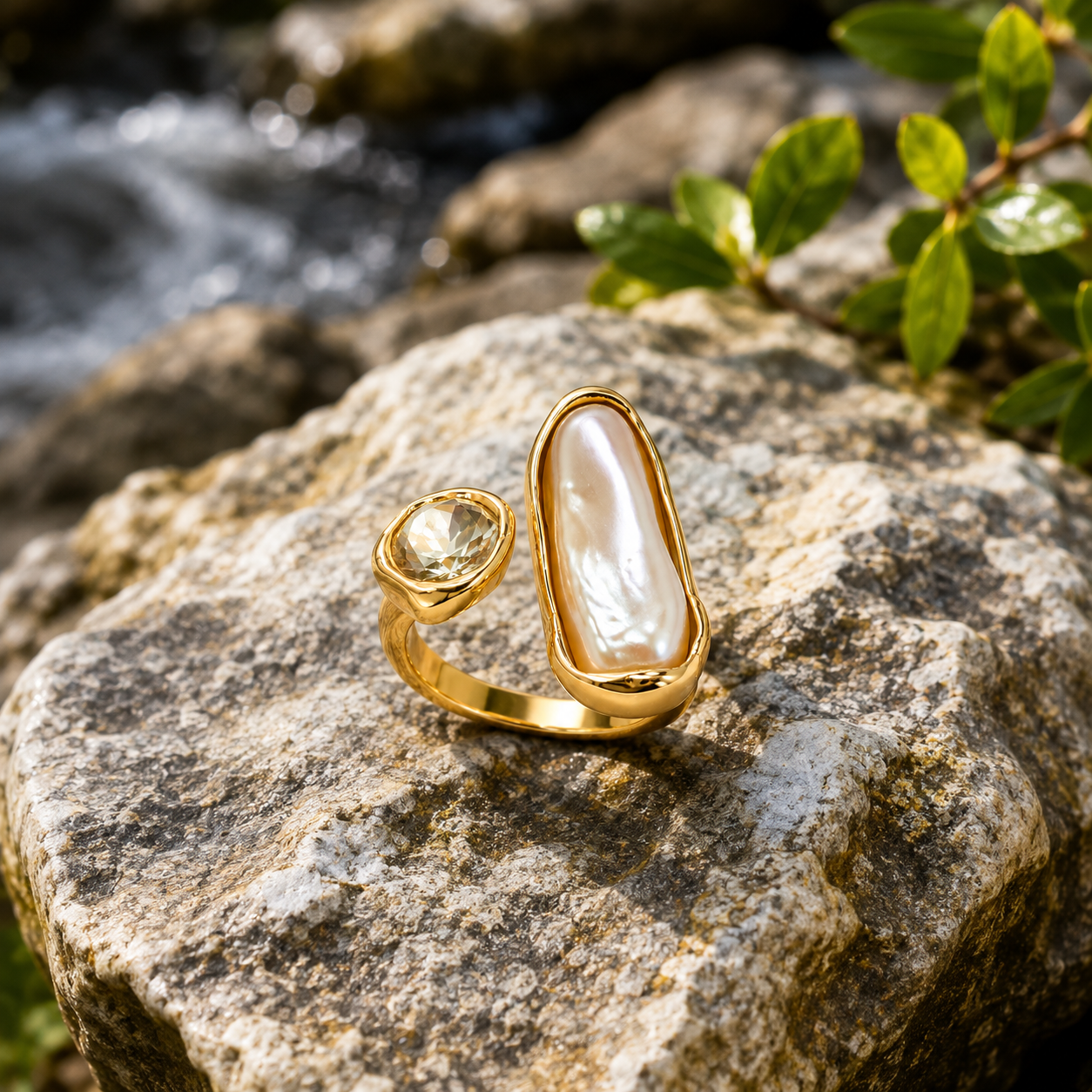 FASSSIONS Gold Plated Adjustable Pearl Ring for Women | Baroque Pearl & Crystal Open Finger Ring | Statement Fashion Jewelry | Adjustable Cocktail Ring for Party, Wedding & Daily Wear