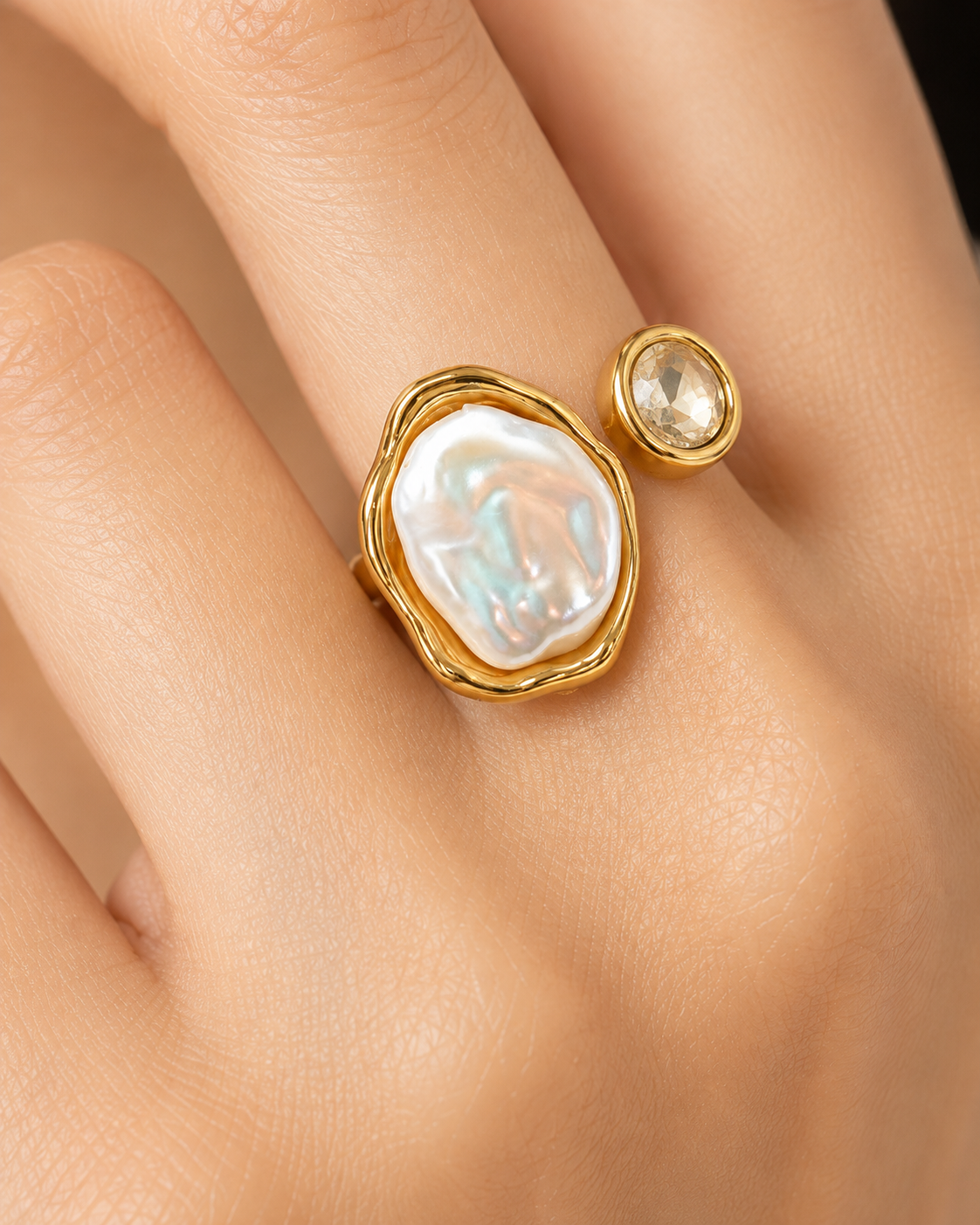 FASSSIONS Gold Plated Adjustable Baroque Pearl Ring for Women | Open Adjustable Finger Ring with Cubic Zirconia | Minimalist Statement Fashion Jewelry
