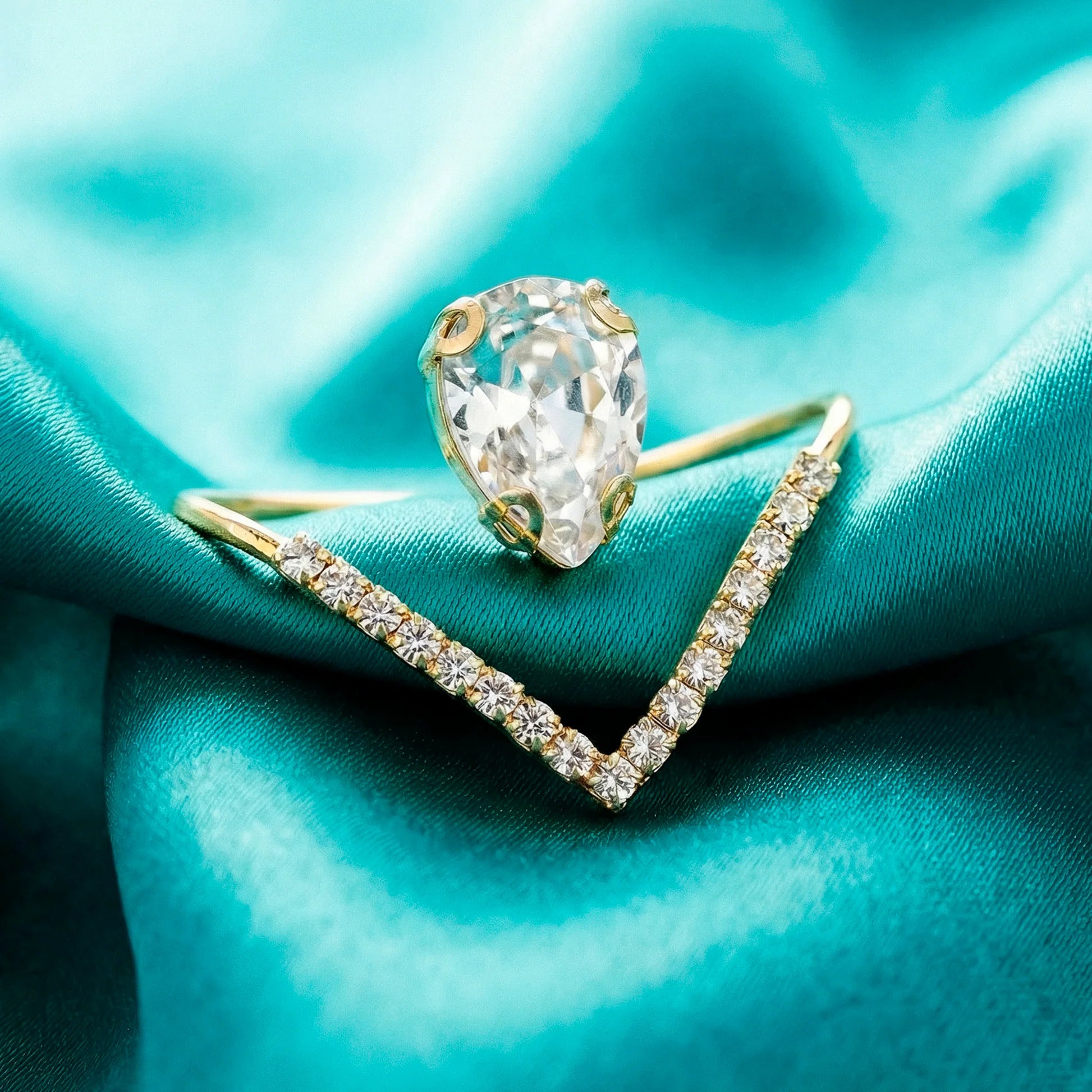 Fasssions Gold Plated Pear Cut Crystal Adjustable Ring for Women & Girls | Open V Design CZ Diamond Statement Ring | Elegant Cocktail Ring