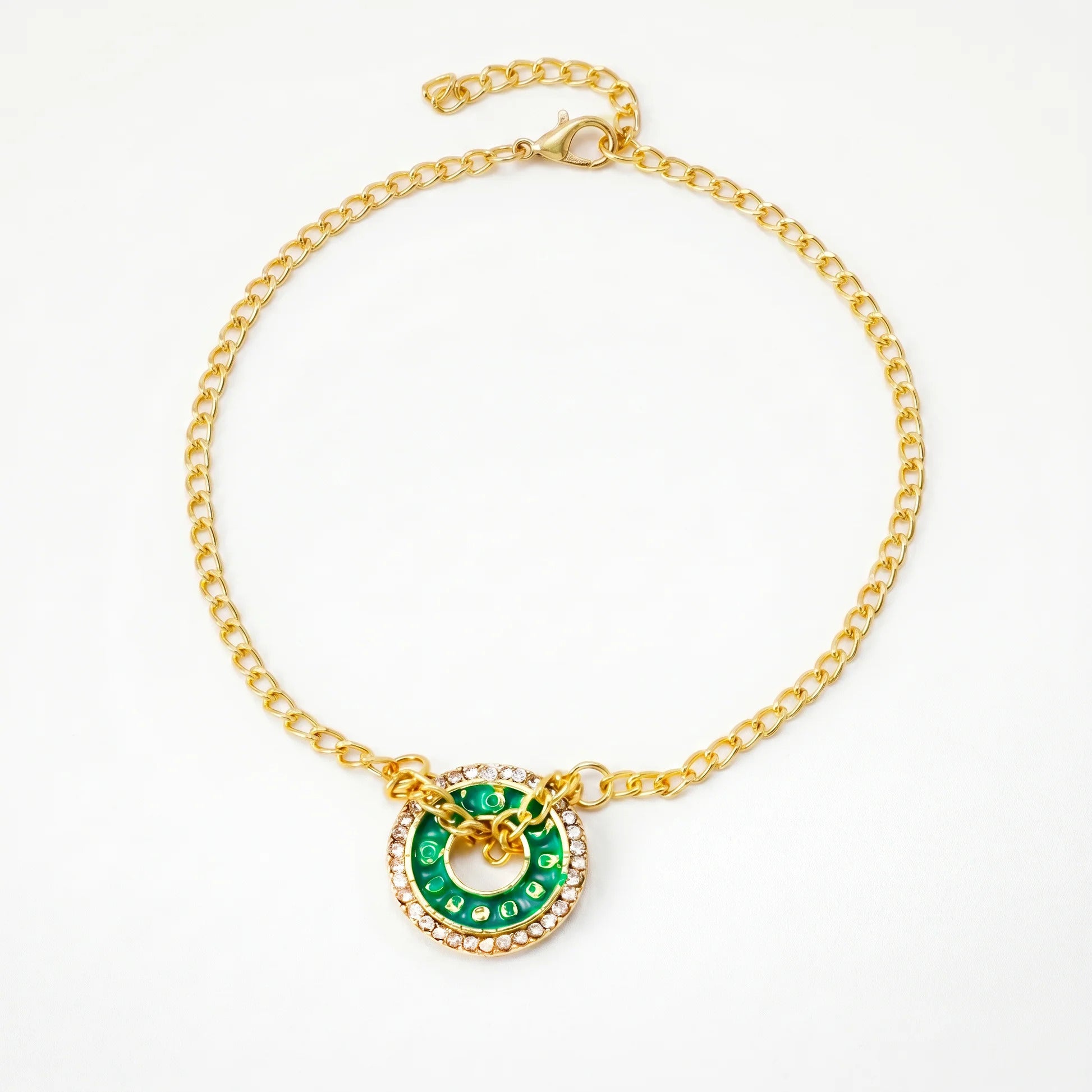 Fasssions Gold Plated Green Evil Eye Circle Anklet for Women & Girls | Adjustable Chain Ankle Bracelet | Crystal Studded Lucky Charm Anklet