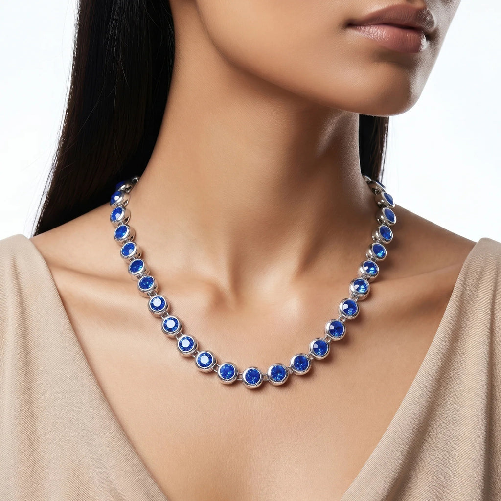 Fasssions Silver-Plated Blue Crystal Tennis Necklace for Women | Round Sapphire-Blue Cubic Zirconia Choker Necklace | Elegant Party & Wedding Jewelry Gift for Girls & Women