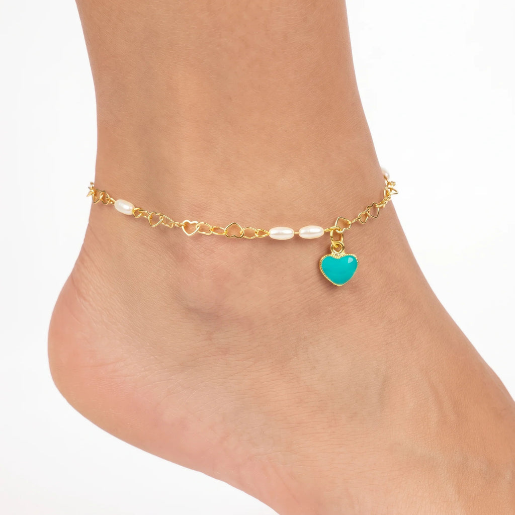Fasssions Women's Gold Plated Heart Charm Anklet with Pearl Accents | Adjustable Delicate Chain Anklet | Elegant Fashion Foot Jewelry for Women & Girls