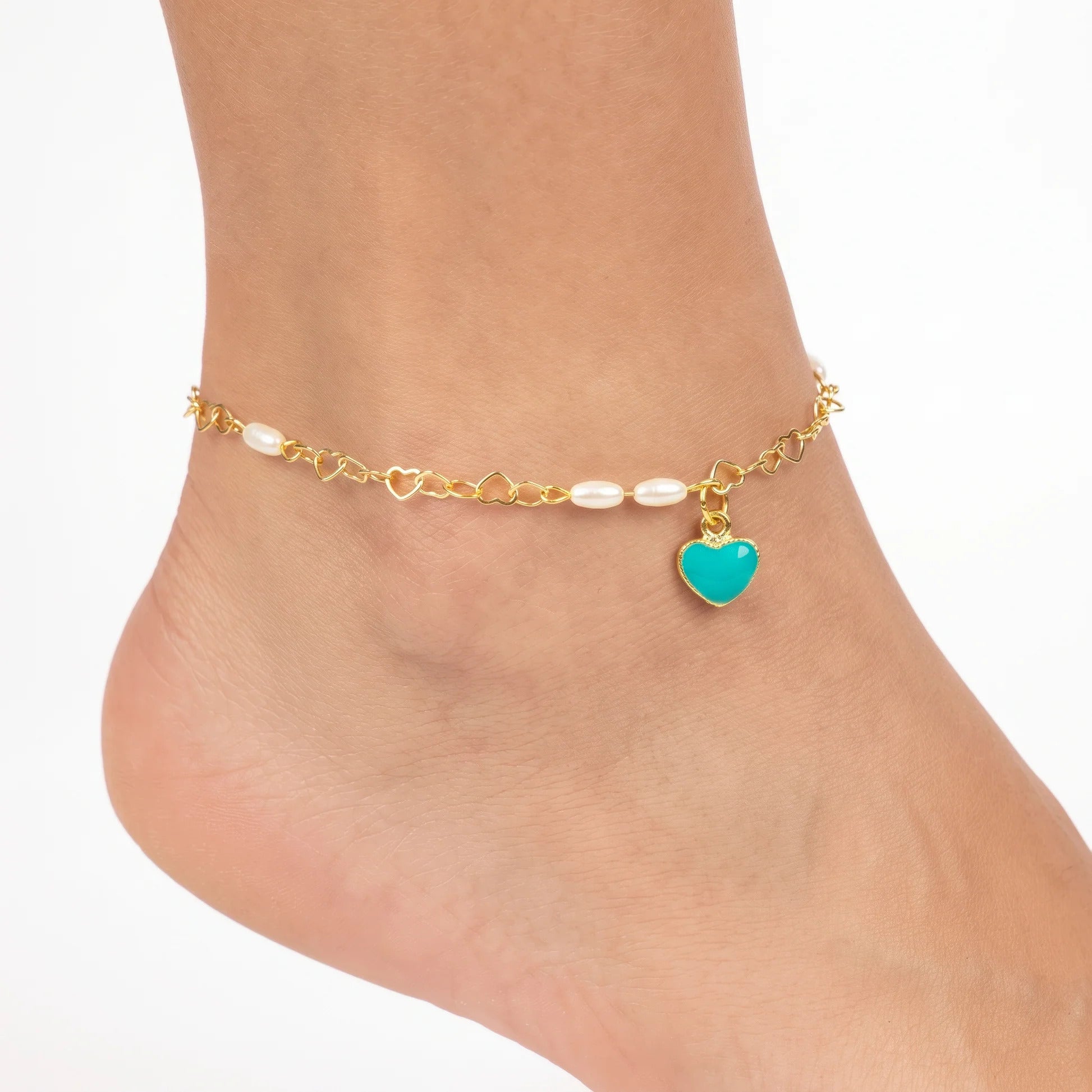 Fasssions Women's Gold Plated Heart Charm Anklet with Pearl Accents | Adjustable Delicate Chain Anklet | Elegant Fashion Foot Jewelry for Women & Girls